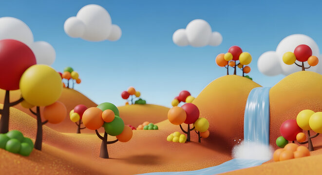 Whimsical autumn landscape with rolling hills and waterfall