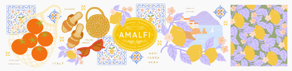 Fototapeta na wymiar Amalfi. Vector summer mediterranean illustrations of italian coast, lemons, pattern, tomato in wicker string bag, tile, ceramics, sandals with bag and sunglasses for postcard, poster or background