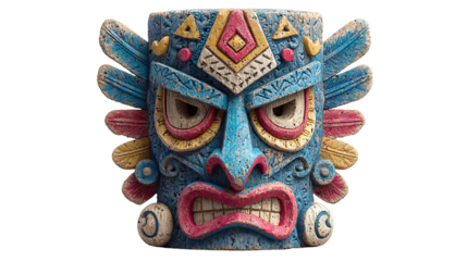 Ancient Tiki Mask: A vibrantly painted, detailed Tiki mask showcases intricate carvings, exuding cultural depth, and artistic craftsmanship.