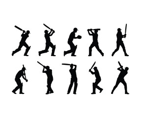 Cricket players silhouettes in various action poses