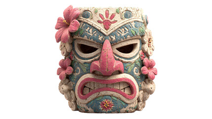 Mystical Tiki Mask Adorned with Tropical Florals: A vibrant, ornate Tiki mask, adorned with tropical flowers, exudes a captivating presence.