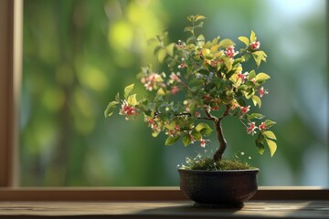 Tiny bonsai tree with pink flowers, sits on a windowsill, bathed in soft sunlight.  Blurred out-of-focus green background