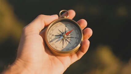 Hand holding a vintage compass against a blurred natural background