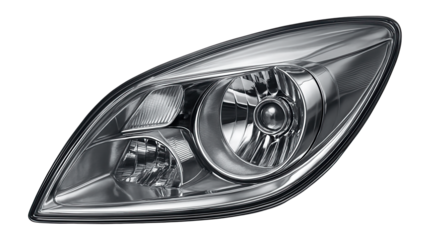 Close-up of a modern car headlight design with chrome detailing on transparent background.