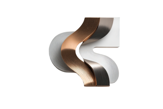 Abstract design with three overlapping, curved shapes in rose gold, silver, and light gray tones