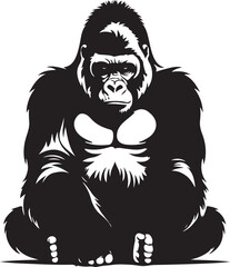 Black and white illustration of a seated gorilla with a stern expression primate animal