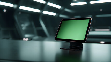 Futuristic Tablet with Green Screen Display in a Dark Modern Office Environment
