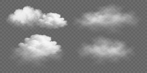 Realistic white fluffy clouds with fog and light smoke effect on a transparent background. Misty atmosphere for overlaying on images, dramatic scenes or weather visual effects. Vector illustration.