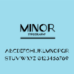 Sans serif modern font with alphabet and numbers in a unique modern style on a light blue background. Vector minimalist font.