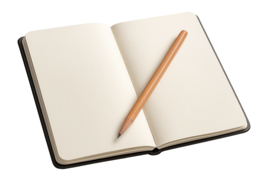 An open blank notebook with a wooden pencil placed diagonally across its pages on transparent background.