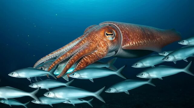 Giant squid in deep sea exploration with vibrant marine life revealing underwater wonders