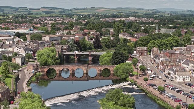 Aerial view of River Nith weir and bridges, Dumfries, Scotland