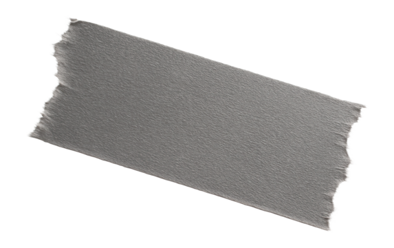 A rectangular piece of gray duct tape with a rough, jagged edge against a white background, showcasing its texture and adhesive properties.