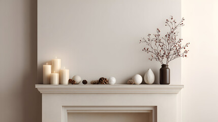 Elegant fireplace mantel display with candles pine cones and decorative spheres in a serene setting creating a cozy and inviting atmosphere showcasing home decor and interior