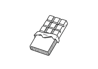 Chocolate bar drawing. It is a black and white outline drawing of a chocolate bar with some of its wrapper peeled back, revealing segmented squares of a sweet dessert. Vector sketch line art draw.