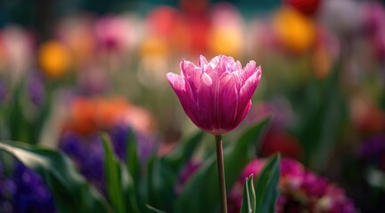Close-up of a vibrant purple-pink tulip, bathed in sunlight, amidst a colorful flower bed