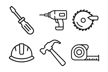 Obraz premium Screwdriver, Power Drill, Circular Saw Blade, Hard Hat, Hammer, and Tape Measure Line Icons