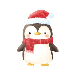 Obraz premium Cute Penguin in Santa Hat and Scarf