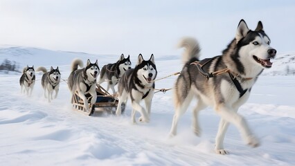 Naklejka premium Team of Huskies Pulling a Sled Across Snowy Terrain