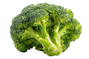 Close-up of a head of fresh broccoli.  Vibrant green florets radiate from a central stem.  Isolated against a black background