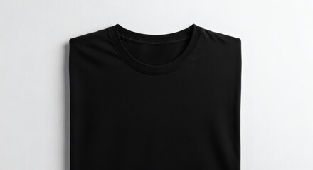 Top view of a plain black crew neck T-shirt folded neatly on a clean white background.