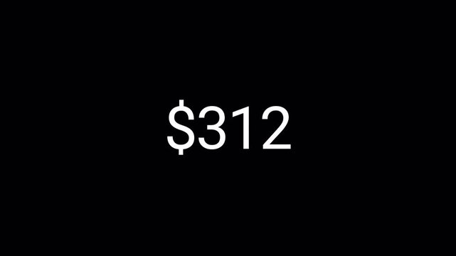 500 dollar counter animation from 0 to 500 on a transparent background, Five hundred dollar counting number animation with alpha channel.