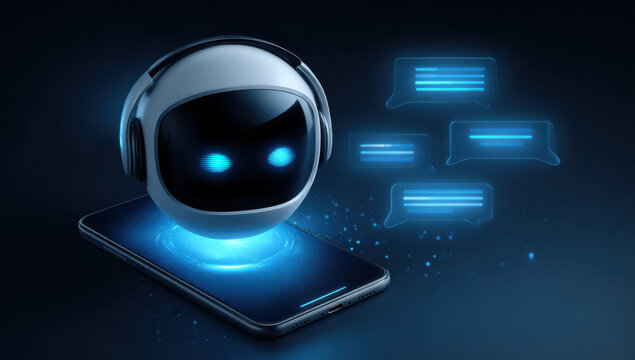 A futuristic and high-tech scene featuring an AI robot head with glowing eyes, headphones on its ears, speaking into the screen of a smartphone displaying various chat bubbles filled with text. - Powered by Adobe