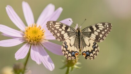 Obraz premium A delicate butterfly perches gracefully on a vibrant purple flower, showcasing intricate wing patterns against a soft, blurred background.