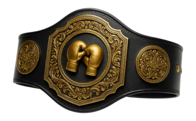 Ornate black and gold boxing championship belt featuring embossed gloves and intricate detailing on transparent background.