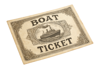 Vintage-style boat ticket with an ornate border and illustration of a steamship, conveying a nostalgic maritime theme and classic travel concept.