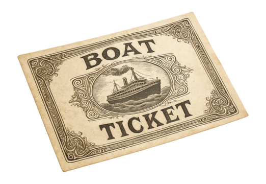 Vintage-style boat ticket with an ornate border and illustration of a steamship, conveying a nostalgic maritime theme and classic travel concept.