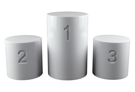 White Glossy Cylindrical Podiums with Numbers, 3D Realism Design Element with Transparent Background