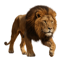 Obraz premium Majestic male lion with a full mane walking forward on transparent background.