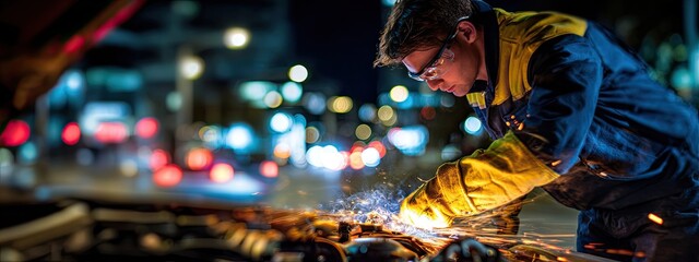 Night-time metalwork.  A focused worker in protective gear, welding metal outdoors under a city night sky, with sparks flying.  Blurred city lights in the background highlight the setting
