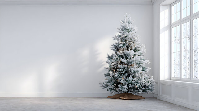 Serene Christmas Tree in Minimalist Room with Sunlight Streaming Through Window A beautiful decorated Christmas tree covered in snow dust stands elegantly in a pristine white