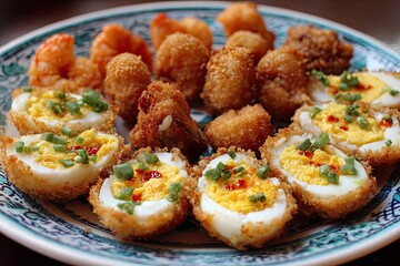 Crispy fried eggs, shrimp, and other bites arranged on a decorative plate