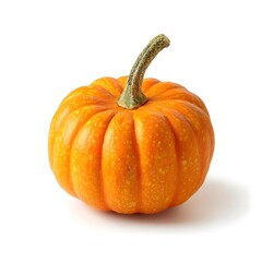 Obraz premium Small orange pumpkin with a green stem on a white background.