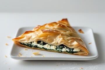 Triangular slice of Spanakopita on a white square plate with golden flaky phyllo pastry