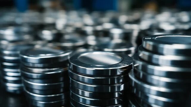Stack of coins is piled on top of each other silver. macro shot of shiny neodymium magnets neatly stacked for export, dark industrial backdrop, metallic reflections, business rare earth export concept