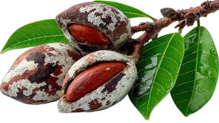 Almond Delight: A close-up image showcasing three almonds still nestled in their unique husks, accompanied by vibrant green leaves, presenting a delightful illustration of nature's bounty.