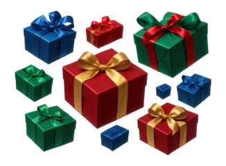 Red, blue, and green gift boxes with satin ribbons in various sizes arranged in a festive composition on transparent background.