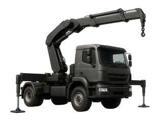 Black industrial crane truck with an extended arm and stabilizing supports on transparent background.