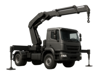 Black industrial crane truck with an extended arm and stabilizing supports on transparent background.