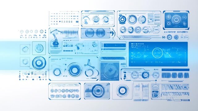 A blue and white UI design, with various technical diagrams and gauges, showcasing futuristic information displays