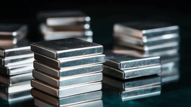 Stack of silver magnets. macro shot of shiny neodymium magnets neatly stacked for export, dark industrial backdrop, metallic reflections, business rare earth export concept