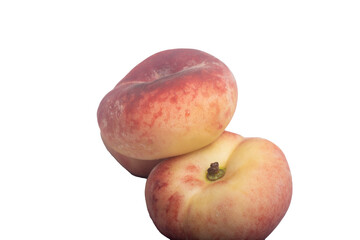Peaches. Fresh peach with green leaf isolated on white background. Peach in a cut,