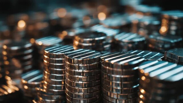 Pile of coins with a shiny silver color. macro shot of shiny neodymium magnets neatly stacked for export, dark industrial backdrop, metallic reflections, business rare earth export concept