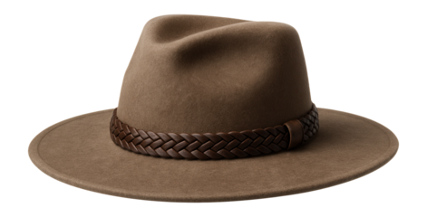 Brown felt fedora hat with a wide brim and braided leather band on transparent background.
