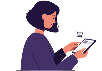 A woman uses a tablet to optimize a checkout process. Modern illustration style, clean design, focused on e-commerce and digital shopping. Bright, inviting, and professional.