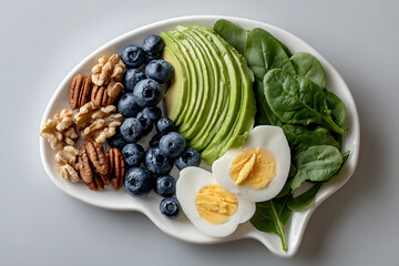 Healthy brain food plate with avocado blueberries nuts spinach and eggs for cognitive health